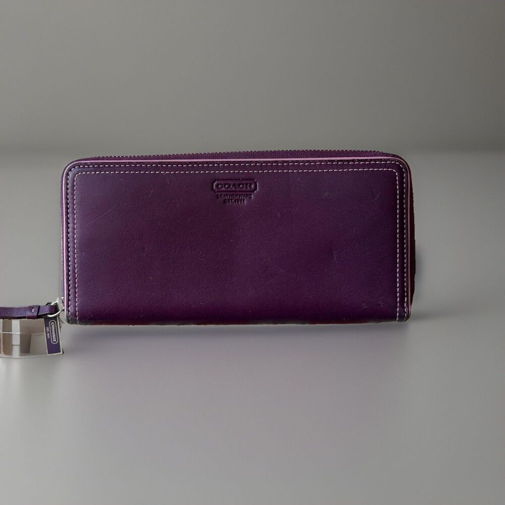 Coach Purple Leather Zip Round Accordian Wallet Pink Lined Vintage